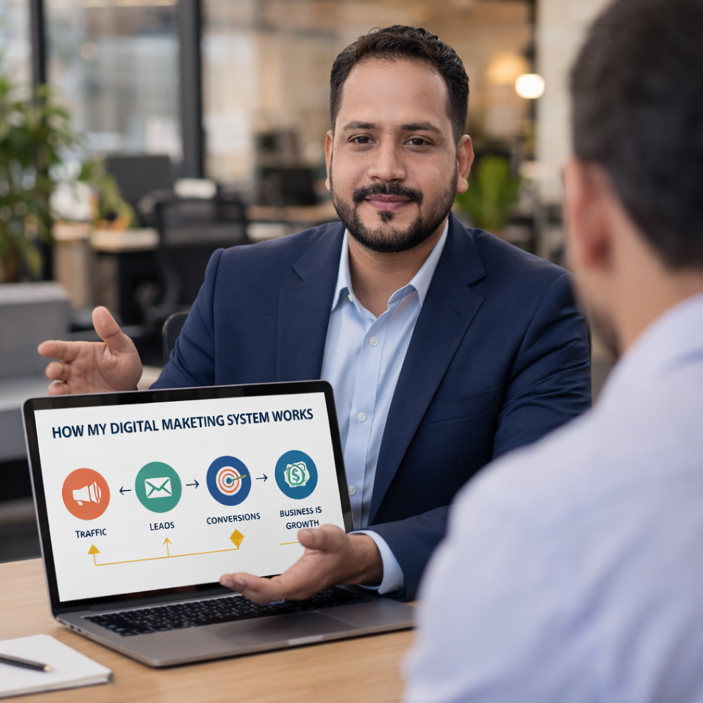 Akhilesh Agrawal explaining lead generation strategy to local business owners